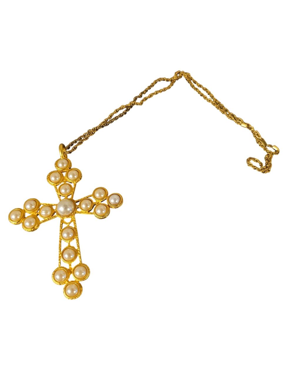 Vintage Gold Tone Faux Pearl Cross Pendant Necklace 24” Large Statement